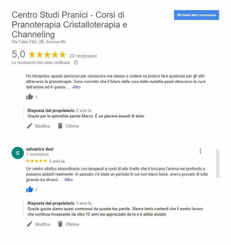 Opinioni di google sui trattamenti di cristalloterapia del centro studi pranici